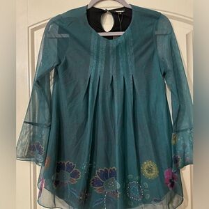 Desigual Teal Mesh Floral Top